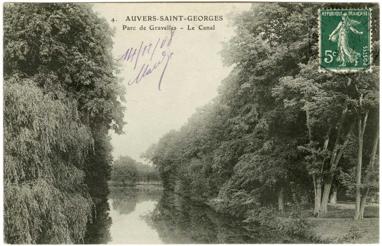 AUVERS-SAINT-GEORGES. - Parc de Gravelle. Le canal, 1908, 1 mot, 5 c, ad. 