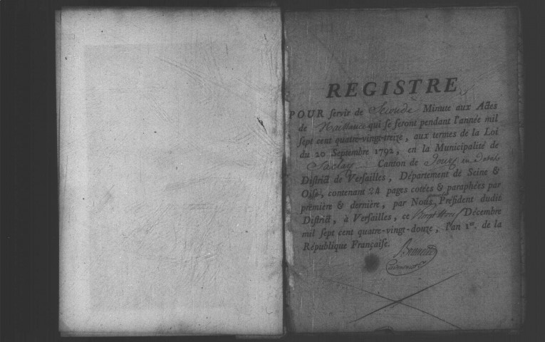 SACLAY. Naissances, mariages, décès : registre d'état civil (1793-1812). [mariages (an VII et les six premiers mois de l'an VIII), voir JOUY-EN-JOSAS, dans les YVELINES]. 