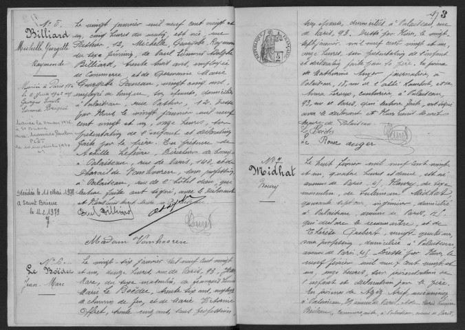 PALAISEAU. - Naissances : registre d'état civil.