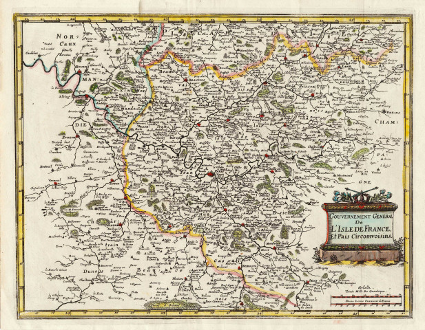 Carte du gouvernement général de l'ISLE DE FRANCE et pais circomvoisins, par MERIAN, s.l., 1650. Ech. 6,5 cm = 30 milles pas géométriques ou 12 lieues communes de France. Coul. Dim. 0,36 x 0,27. 
