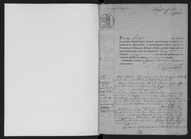 LONGJUMEAU. Naissances, mariages, décès : registre d'état civil (1843-1847). 