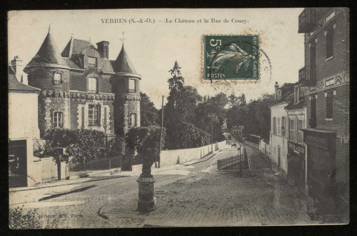YERRES. - Le château et la rue de Coney. Editeur LH, 1 timbre à 5 centimes. 