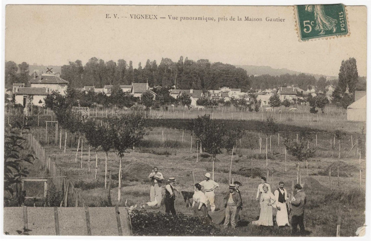 VIGNEUX-SUR-SEINE. - Vue panoramique, prise de la maison Gautier [Editeur EV, 1907, timbre à 5 centimes]. 