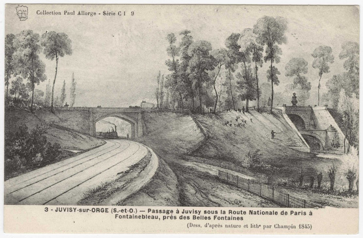 JUVISY-SUR-ORGE. - Passage à Juvisy sous la route nationale de Paris à Fontainebleau, près des Belles-Fontaines (d'après gravure de Champin). Seine-et-Oise Artistique, Paul Allorge. 