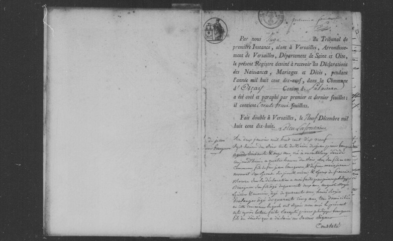 ORSAY. Naissances, mariages, décès : registre d'état civil (1819-1831). 