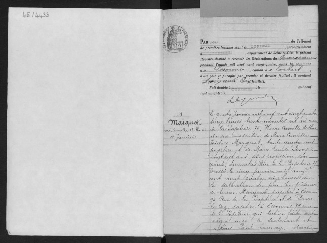 ESSONNES.- Naissances : registre d'état civil. 