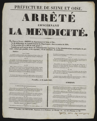 Seine-et-Oise [Département]. - Arrêté préfectoral portant sur la mendicité, 10 juillet 1837. 