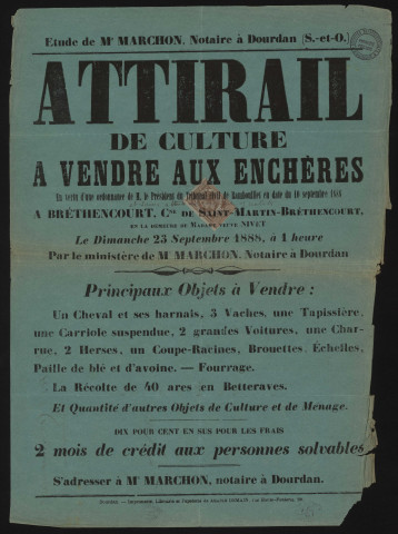 SAINT-MARTIN-DE-BRETHENCOURT (Yvelines).- Vente aux enchères d'attirail de culture appartenant à Mme Veuve NIVET, 23 septembre 1888. 