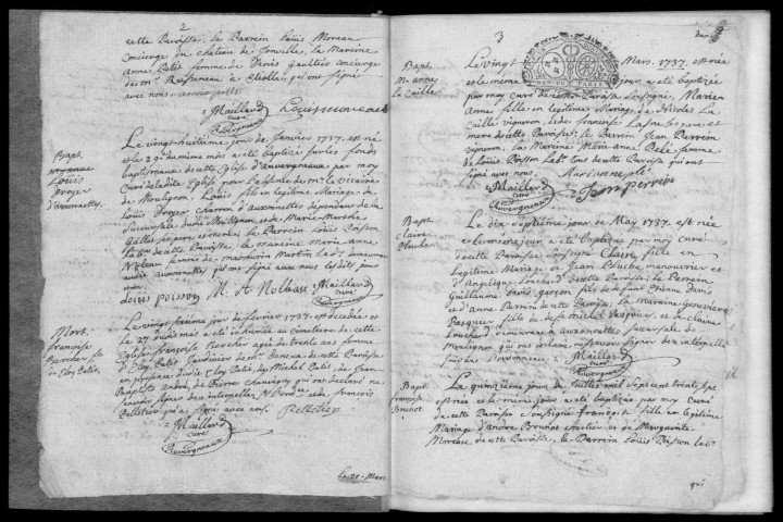 AUVERNAUX. - Registres paroissiaux : baptêmes, mariages, sépultures [4 actes des mois de janvier et février, reprend au 20 mars 1737] (1737-1762). 