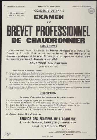 Essonne [Département]. - Examen du brevet professionnel de chaudronnier, session 1969 : conditions d'admission et inscription, mars 1969. 