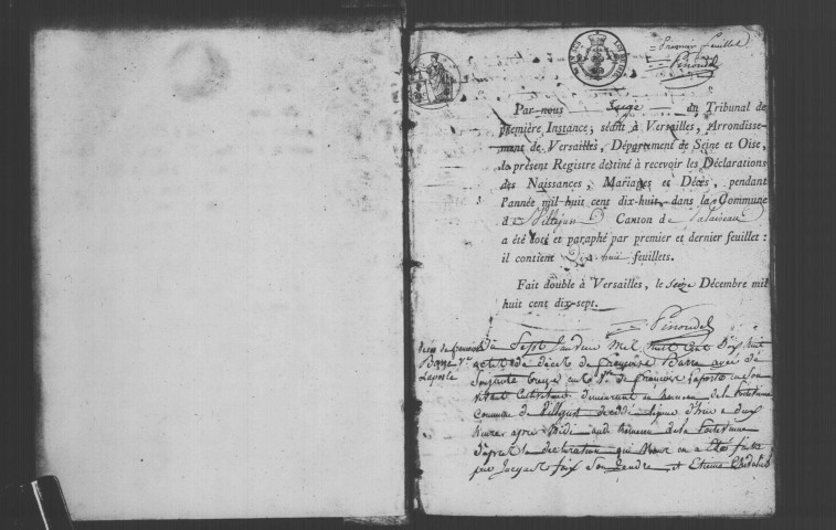 VILLEJUST. Naissances, mariages, décès : registre d'état civil (1818-1847). 