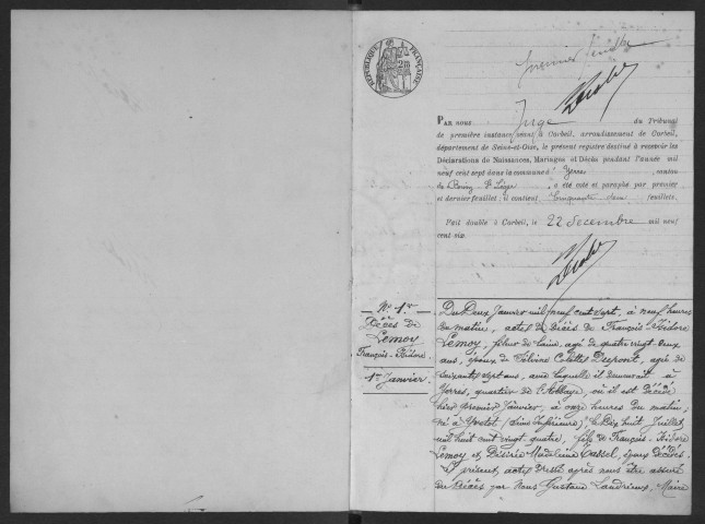 YERRES. - Naissances, mariages, décès : registre d'état civil.