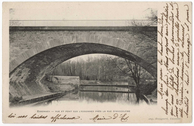 CORBEIL-ESSONNES. - Essonnes. Vue et pont sur l'Essonnes près la rue d'Angoulême, Beaugeard, 1902, 7 lignes, 2x5 c, ad. 