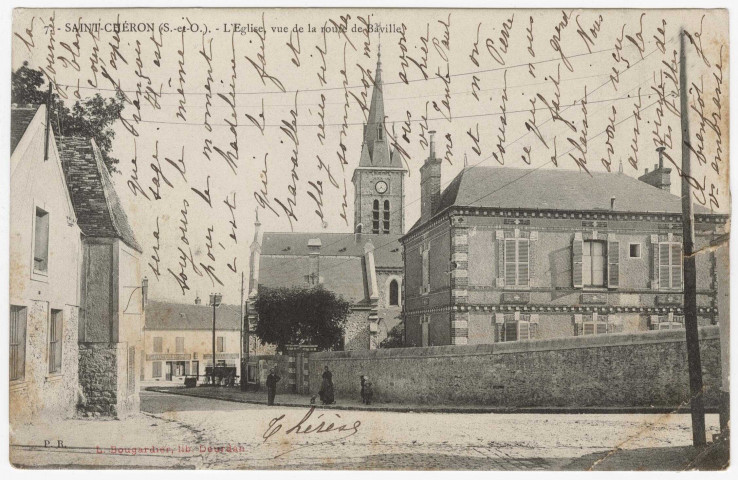 SAINT-CHERON. - L'église, vue de la route de Baville [Editeur Bougardier, 1906, timbre à 10 centimes]. 