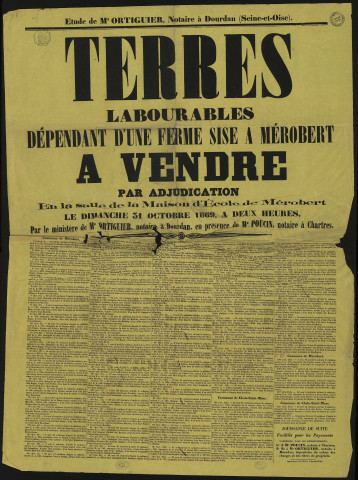 MEROBERT, CHALO-SAINT-MARS. - Vente par adjudication de terres labourables dépendant d'une ferme de Mérobert, 31 octobre 1869. 