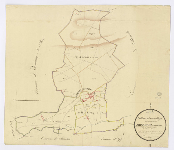 BRUYERES-LE-CHATEL. - Plan d'assemblage, ech. 1/10000, coul., aquarelle, papier, 64x73 (1820). 