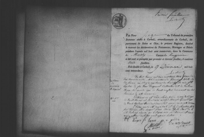 MASSY. Naissances, mariages, décès : registre d'état civil (1833-1839). 