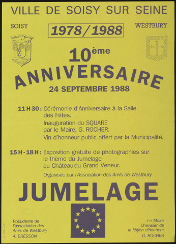 SOISY-SUR-SEINE. - 10ème anniversaire du jumelage Soisy-sur-Seine/Westbury (1978 - 1988) : programme des festivités, 24 septembre 1988. 