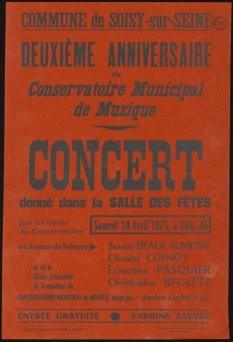 SOISY-SUR-SEINE.- 2ème anniversaire du Conservatoire municipal de Musique. Concert, avec les élèves du Conservatoire, Salle des fêtes, 19 avril 1975. 