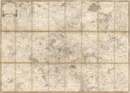 Carte des environs de PARIS comprenant les gouvernements généraux de l'ISLE-DE-FRANCE, de NORMANDIE, d'ORLEANOIS et de CHAMPAGNE, par M. BRION DE LA TOUR, ingénieur géographe du Roi, 1783. Ech. 11,8 cm = 5 toises de 2 500 toises chacune. Sur toile. N et B. Dim. 0,84 x 0,58. 
