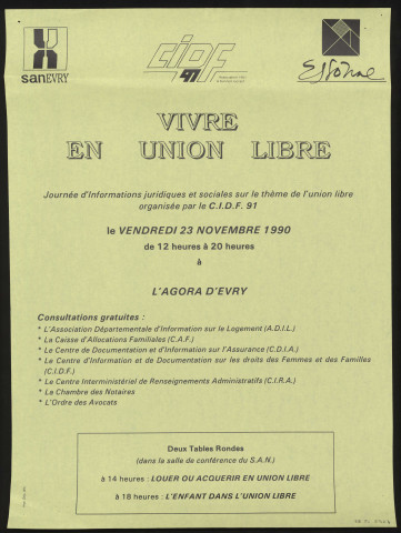 EVRY. - Journée d'informations juridiques et sociales : Vivre en union libre, Agora d'Evry, 23 novembre 1990. 