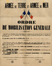 FRANCE (Pays).- Ordre de mobilisation générale de l'armée de terre et de mer, 2 août 1914, Coul. Entoilé. 