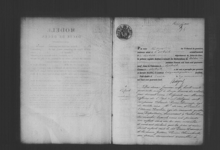 CORBEIL. Décès : registre d'état civil (1849). 