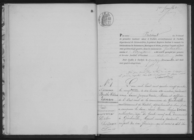 GUIBEVILLE. Naissances, mariages, décès : registre d'état civil (1883-1896). 