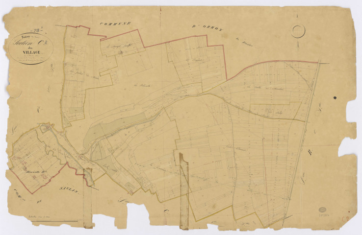 BOISSY-LA-RIVIERE. - Section C - Village (le), 2, ech. 1/2500, coul., aquarelle, papier, 68x103 (1831). 