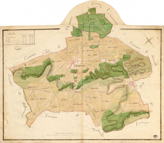 CHAMPCUEIL. - Plans d'intendance. Plan, Éch. 1/200 perches, Dim. 95 x 85 cm, [fin XVIIIe siècle]. 