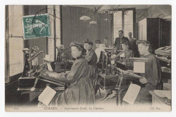 CORBEIL-ESSONNES. - Corbeil - Imprimerie Crété, les claviers. Editeur ND, 1908, 1 timbre à 5 centimes. 
