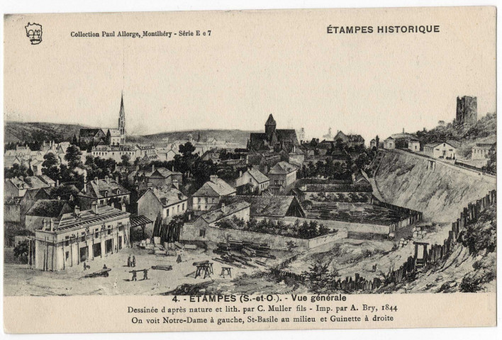 ETAMPES. - Vue générale, dessin de Muller. Edition Seine-et-Oise artistique et pittoresque, collection Paul Allorge. 
