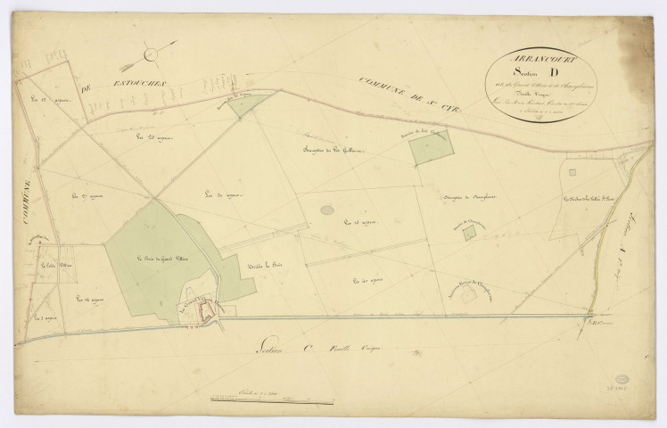 ARRANCOURT. - Section D - Grand Villiers (le) et Champlevras, ech. 1/2500, coul., aquarelle, papier, 67x105 (1831). 
