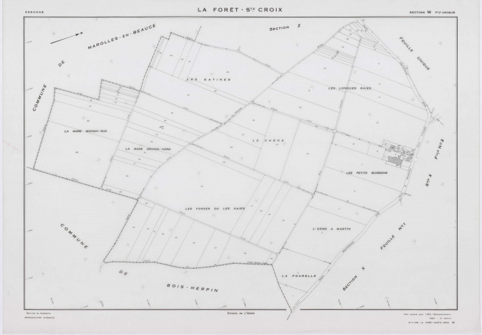 FORET-SAINTE-CROIX (LA), plans minutes de conservation : tableau d'assemblage, 1953, Ech. 1/5000 ; plans des sections W, X1, Y1, Y2, Z, 1953, Ech. 1/2000, section X2, 1953, Ech. 1/1000. Polyester. N et B. Dim. 105 x 80 cm [7 plans]. 