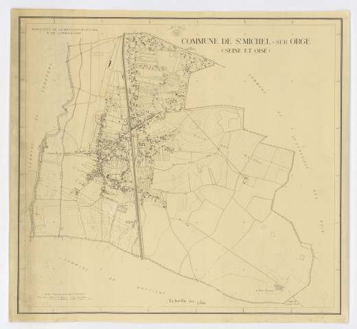 Plan topographique régulier de SAINT-MICHEL-SUR-ORGE dressé et dessiné en 1948 par M. PETIT, géomètre, vérifié par M. PERNEL, ingénieur-divisionnaire, Ministère de la Reconstruction et de l'Urbanisme, 1949. Ech. 1/5 000. N et B. Dim. 0,66 x 0,71. 