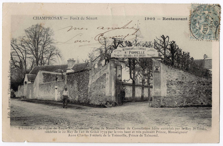 DRAVEIL. - Champrosay. Forêt de Sénart. Restaurant L'Ermitage. Lasseray (1904), 5 c, ad. [notice détaillée]. 