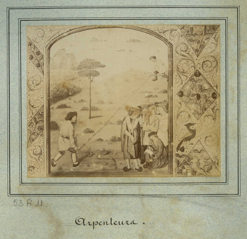 MARCOUSSIS.- Arpenteurs, 1876, N et B. Dim. 12 x 15 cm. [reproduction d'une enluminure]. 