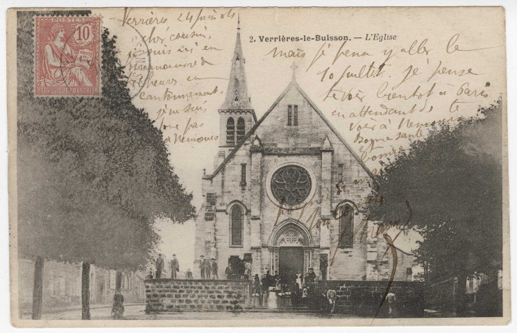 VERRIERES-LE-BUISSON. - L'église [1904, timbre à 5 centimes]. 