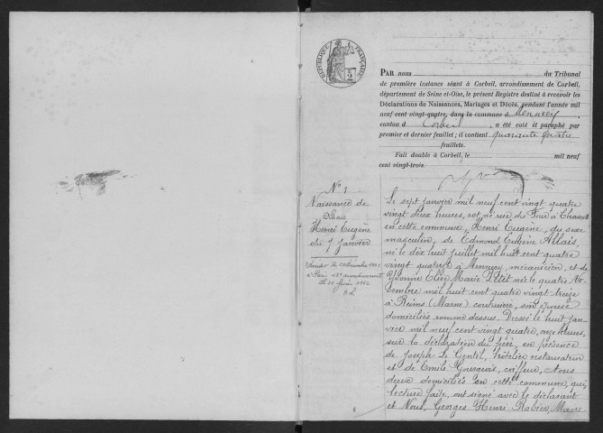 MENNECY. - Naissances, mariages, décès : registre d'état civil. 