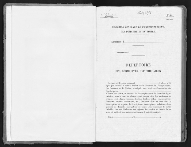Conservation des hypothèques de CORBEIL. - Répertoire des formalités hypothécaires, volume n° 568 : A-Z (registre ouvert vers 1930). 