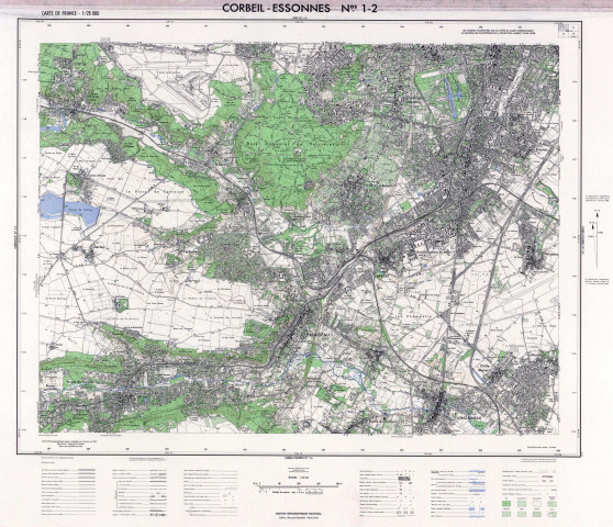 CORBEIL-ESSONNES. - Carte de France, levés stéréotopographiques aériens, complétés sur le terrain en 1964, mise à jour partielle en 1966, dessiné et publié par l'Institut géographique national, feuilles 1-2, 3-4, 5-6, 7-8, 1964-1966. Ech. 1/25 000. Papier. Coul. Dim. 55 x 72,5 cm. [4 plans].