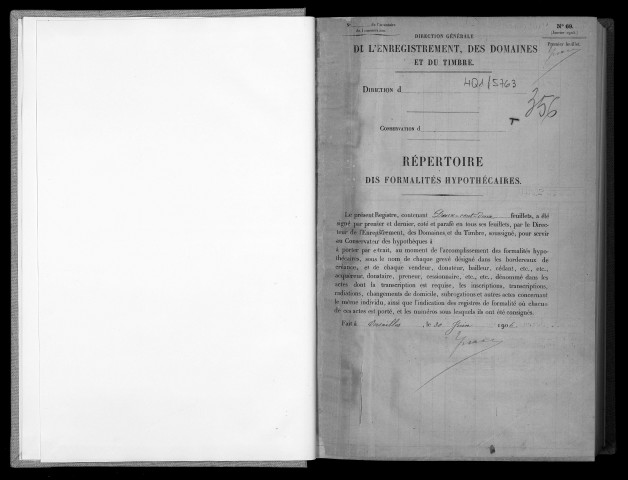 Conservation des hypothèques de CORBEIL. - Répertoire des formalités hypothécaires, volume n° 356 : A-Z (registre ouvert en 1906). 