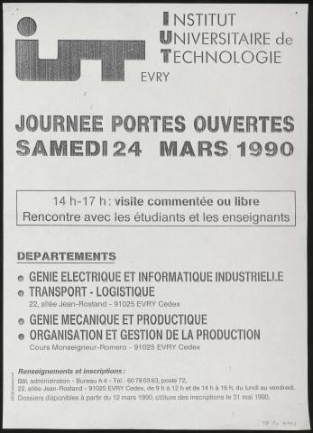 EVRY. - Institut universitaire de technologie : journée portes ouvertes, 24 mars 1990. 