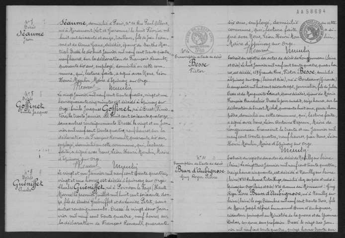 EPINAY-SUR-ORGE.- Décès : registre d'état civil. 