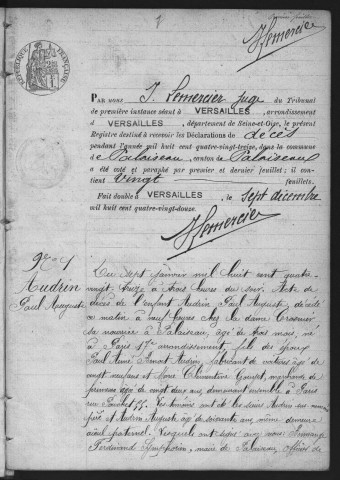 PALAISEAU.- Décès : registre d'état civil (1893-1903). 