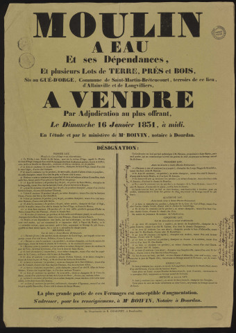 SAINT-MARTIN-DE-BRETHENCOURT, ALLAINVILLE-AUX-BOIS, LONGVILLIERS, SAINT-ARNOULT-EN-YVELINES (Yvelines).- Vente par adjudication au plus offrant du moulin à eau de Gué-d'Orge et de ses dépendances et plusieurs lots de terres labourables, prés et bois, 16 janvier 1831. 