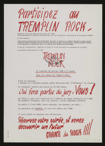 EVRY. - Participez au tremplin rock, Arènes de l'Agora, 28 février 1986. 