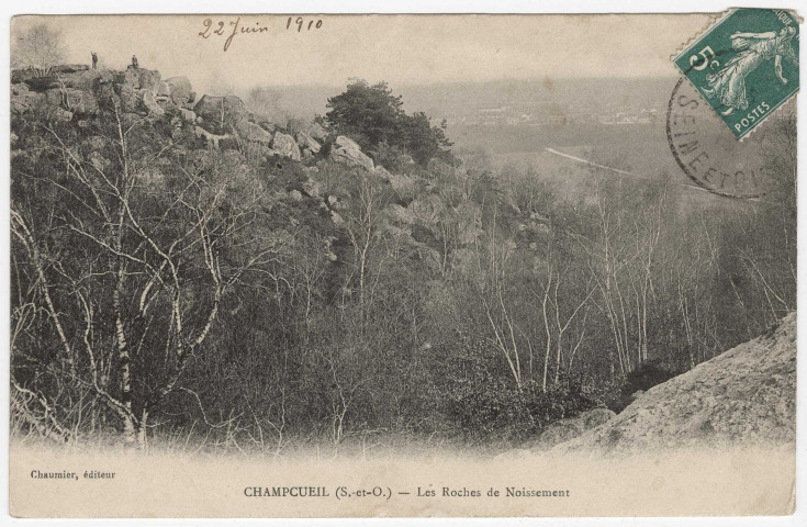 CHAMPCUEIL. - Les roches de Noissement, Chaumier, 1910, 7 mots, 5 c, ad. 