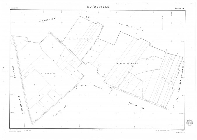 GUIBEVILLE. - Cadastre révisé pour 1934 mis à jour pour 1955 : plan du tableau d'assemblage, plan de la section A le Village 2ème feuille ; cadastre rnouvelé pour 1955 : plans de la section ZA, section ZB, [4 plans]. 