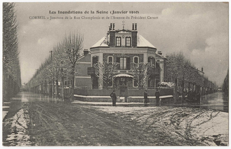 CORBEIL-ESSONNES. - Les inondations de la Seine (janvier 1910). Jonction de la rue Champlouis et de l'avenue du Président-carnot, Beaugeard. 